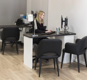 Opticians dispensing desk for two people designed and fitted by Mewscraft